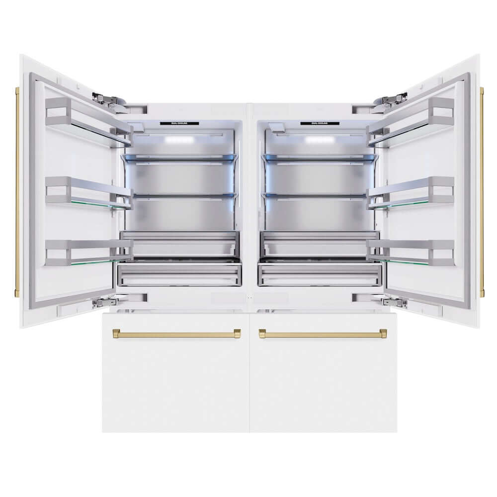 ZLINE Autograph Edition 72 in. 39.6 cu. ft. French Door Built-In Bottom Freezer Refrigerator with Water Dispensers and Ice Makers in White Matte and Champagne Bronze Accents (RBITZ-WM-72-CB) front, refrigeration compartment and bottom freezer drawers open.