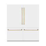 ZLINE Autograph Edition 72 in. 39.6 cu. ft. French Door Built-In Bottom Freezer Refrigerator with Water Dispensers and Ice Makers in White Matte and Polished Gold Accents (RBITZ-WM-72-G) front, closed.