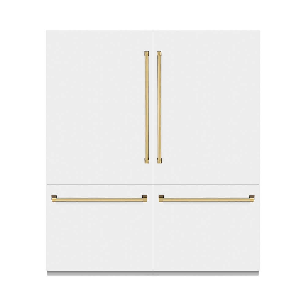 ZLINE Autograph Edition 72 in. 39.6 cu. ft. French Door Built-In Bottom Freezer Refrigerator with Water Dispensers and Ice Makers in White Matte and Polished Gold Accents (RBITZ-WM-72-G) front, closed.