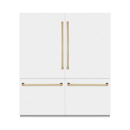 ZLINE Autograph Edition 72 in. 39.6 cu. ft. French Door Built-In Bottom Freezer Refrigerator with Water Dispensers and Ice Makers in White Matte and Polished Gold Accents (RBITZ-WM-72-G) front, closed.