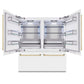 ZLINE Autograph Edition 72 in. 39.6 cu. ft. French Door Built-In Bottom Freezer Refrigerator with Water Dispensers and Ice Makers in White Matte and Polished Gold Accents (RBITZ-WM-72-G) front, refrigeration compartment open.