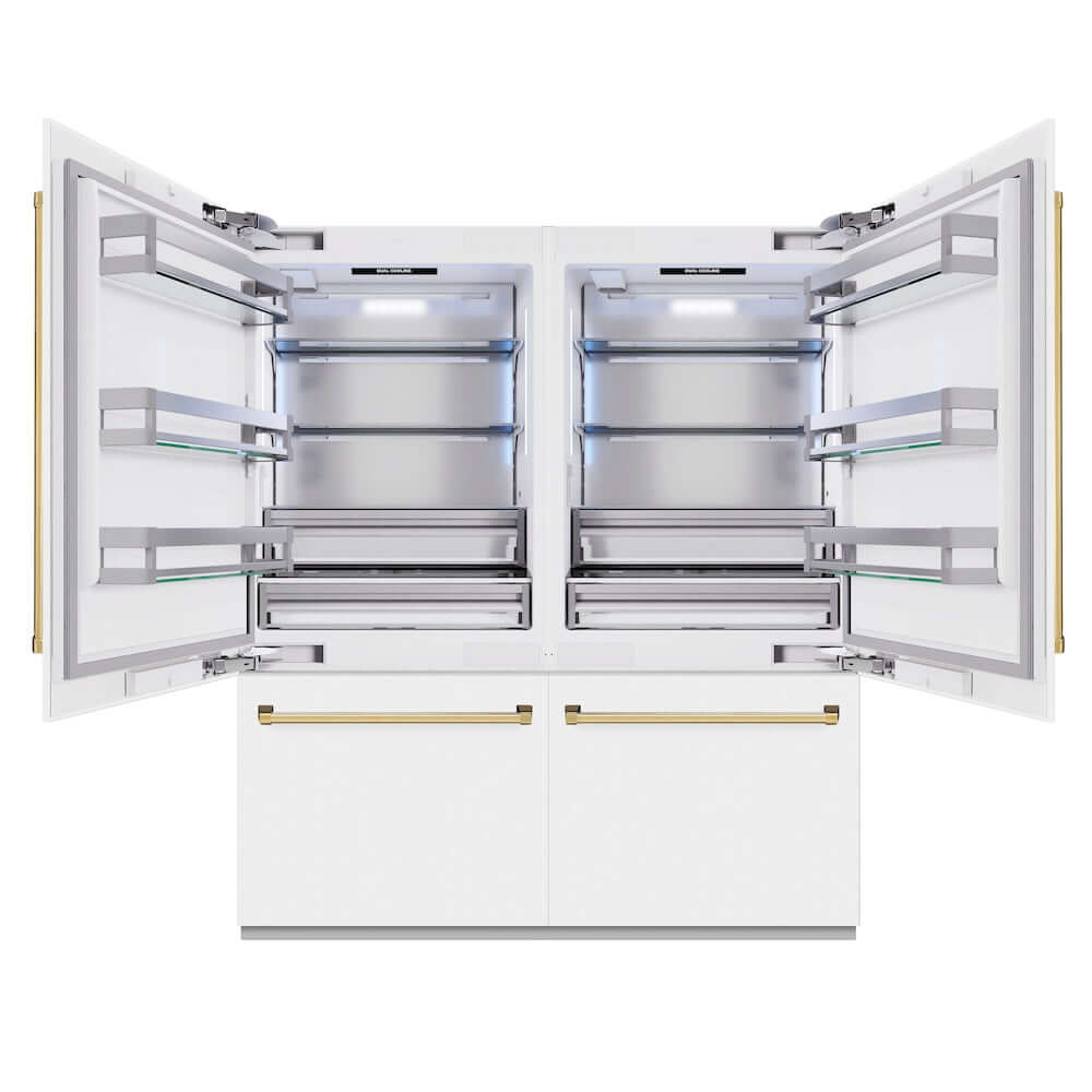 ZLINE Autograph Edition 72 in. 39.6 cu. ft. French Door Built-In Bottom Freezer Refrigerator with Water Dispensers and Ice Makers in White Matte and Polished Gold Accents (RBITZ-WM-72-G) front, refrigeration compartment open.