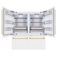 ZLINE Autograph Edition 72 in. 39.6 cu. ft. French Door Built-In Bottom Freezer Refrigerator with Water Dispensers and Ice Makers in White Matte and Polished Gold Accents (RBITZ-WM-72-G) front, refrigeration compartment and bottom freezer drawers open.
