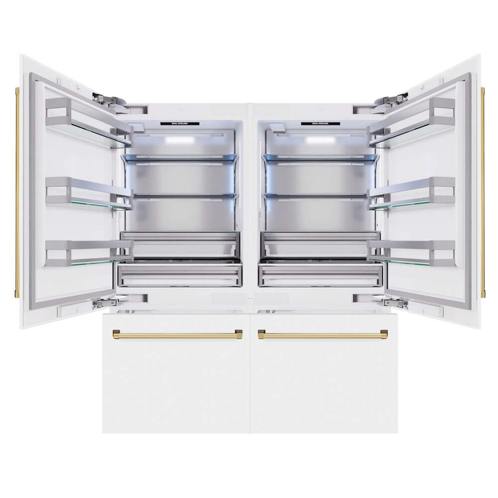 ZLINE Autograph Edition 72 in. 39.6 cu. ft. French Door Built-In Bottom Freezer Refrigerator with Water Dispensers and Ice Makers in White Matte and Polished Gold Accents (RBITZ-WM-72-G) front, refrigeration compartment and bottom freezer drawers open.