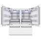 ZLINE Autograph Edition 72 in. 39.6 cu. ft. French Door Built-In Bottom Freezer Refrigerator with Water Dispensers and Ice Makers in White Matte and Matte Black Accents (RBITZ-WM-72-MB) front, refrigeration compartment open.