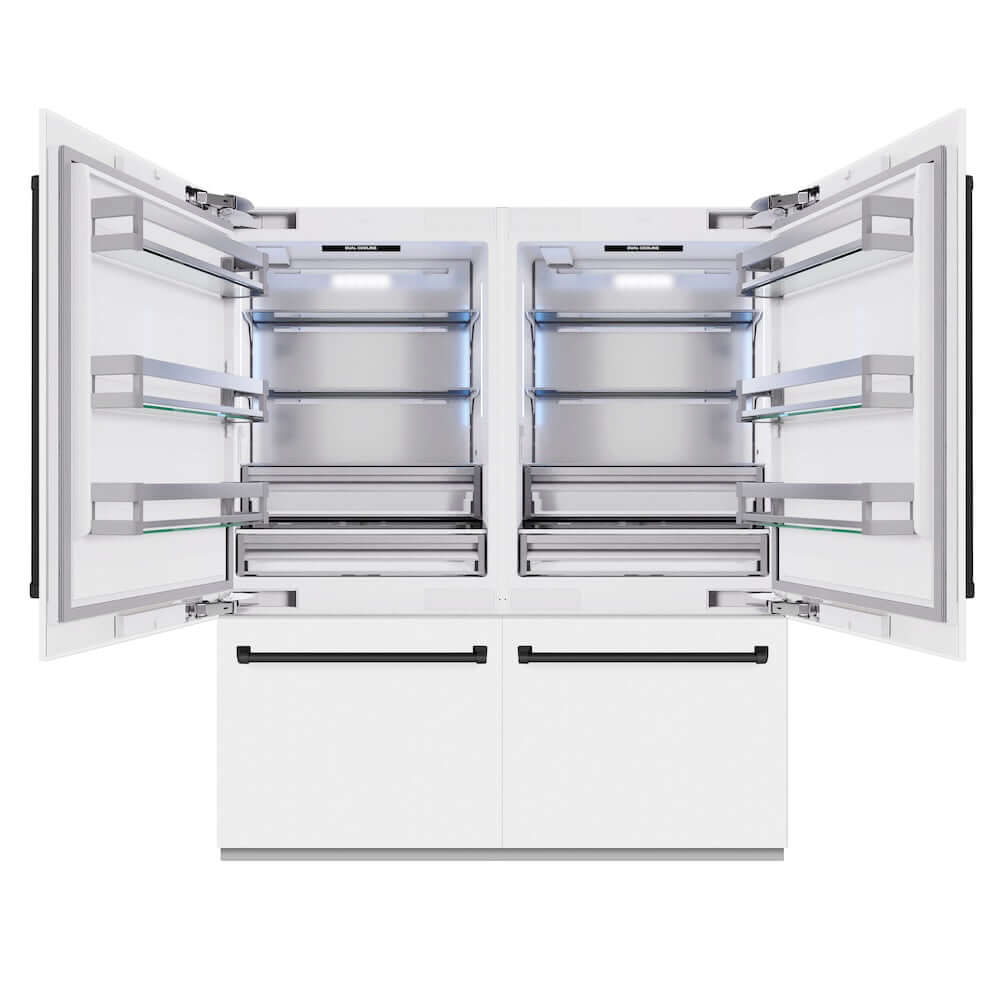 ZLINE Autograph Edition 72 in. 39.6 cu. ft. French Door Built-In Bottom Freezer Refrigerator with Water Dispensers and Ice Makers in White Matte and Matte Black Accents (RBITZ-WM-72-MB) front, refrigeration compartment open.