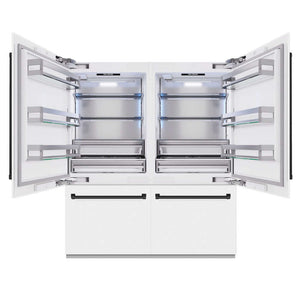 ZLINE Autograph Edition 72 in. 39.6 cu. ft. French Door Built-In Bottom Freezer Refrigerator with Water Dispensers and Ice Makers in White Matte and Matte Black Accents (RBITZ-WM-72-MB) front, refrigeration compartment open.