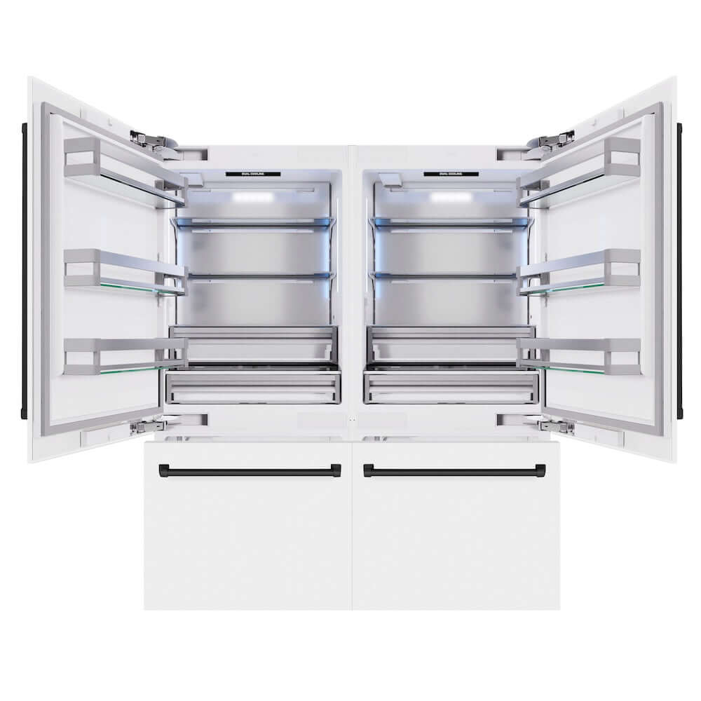 ZLINE Autograph Edition 72 in. 39.6 cu. ft. French Door Built-In Bottom Freezer Refrigerator with Water Dispensers and Ice Makers in White Matte and Matte Black Accents (RBITZ-WM-72-MB) front, refrigeration compartment and bottom freezer drawers open.