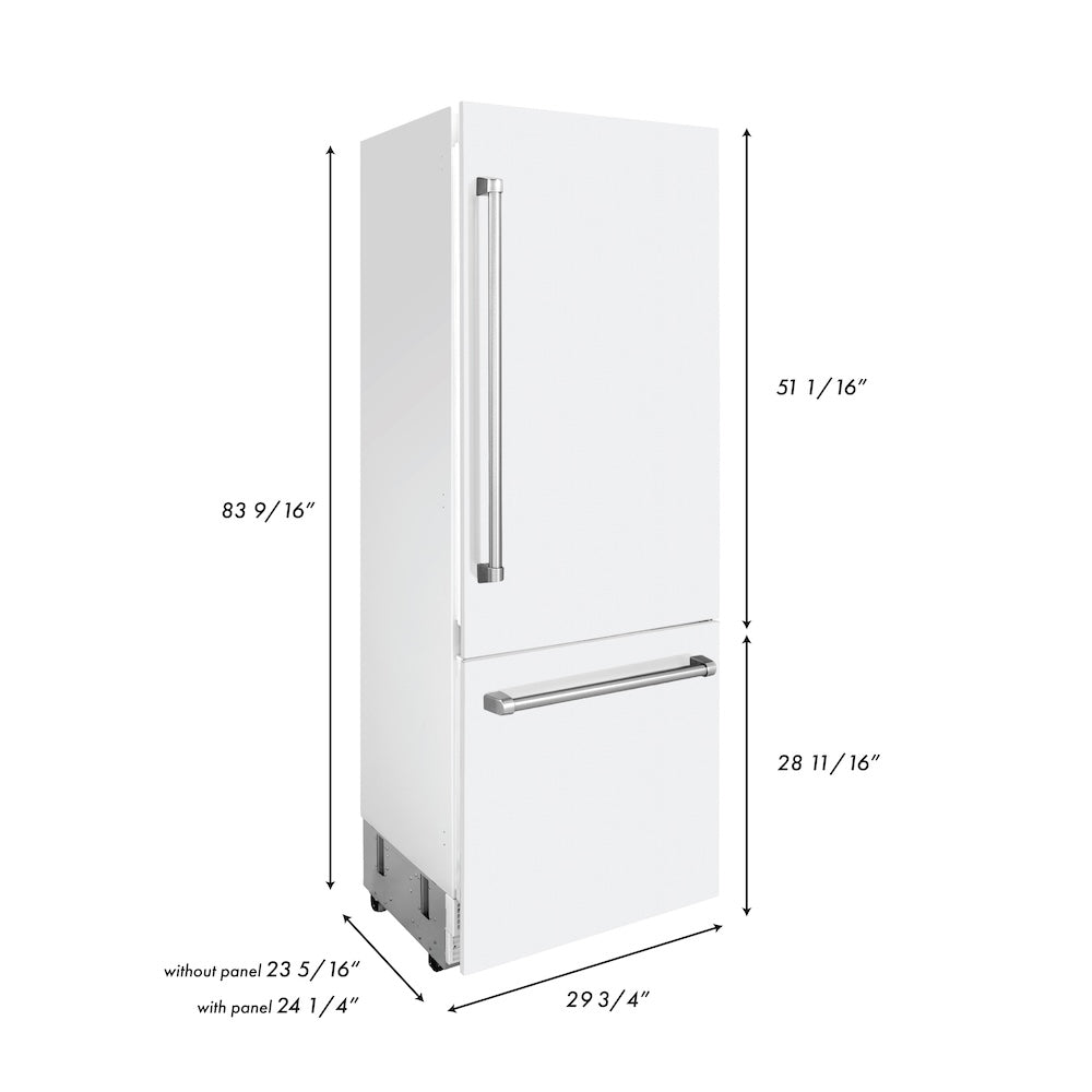 ZLINE 30 in. 16.1 cu. ft. Built-In 2-Door Bottom Freezer Refrigerator with Internal Water and Ice Dispenser in White Matte (RBIV-WM-30) dimensional diagram with measurements.