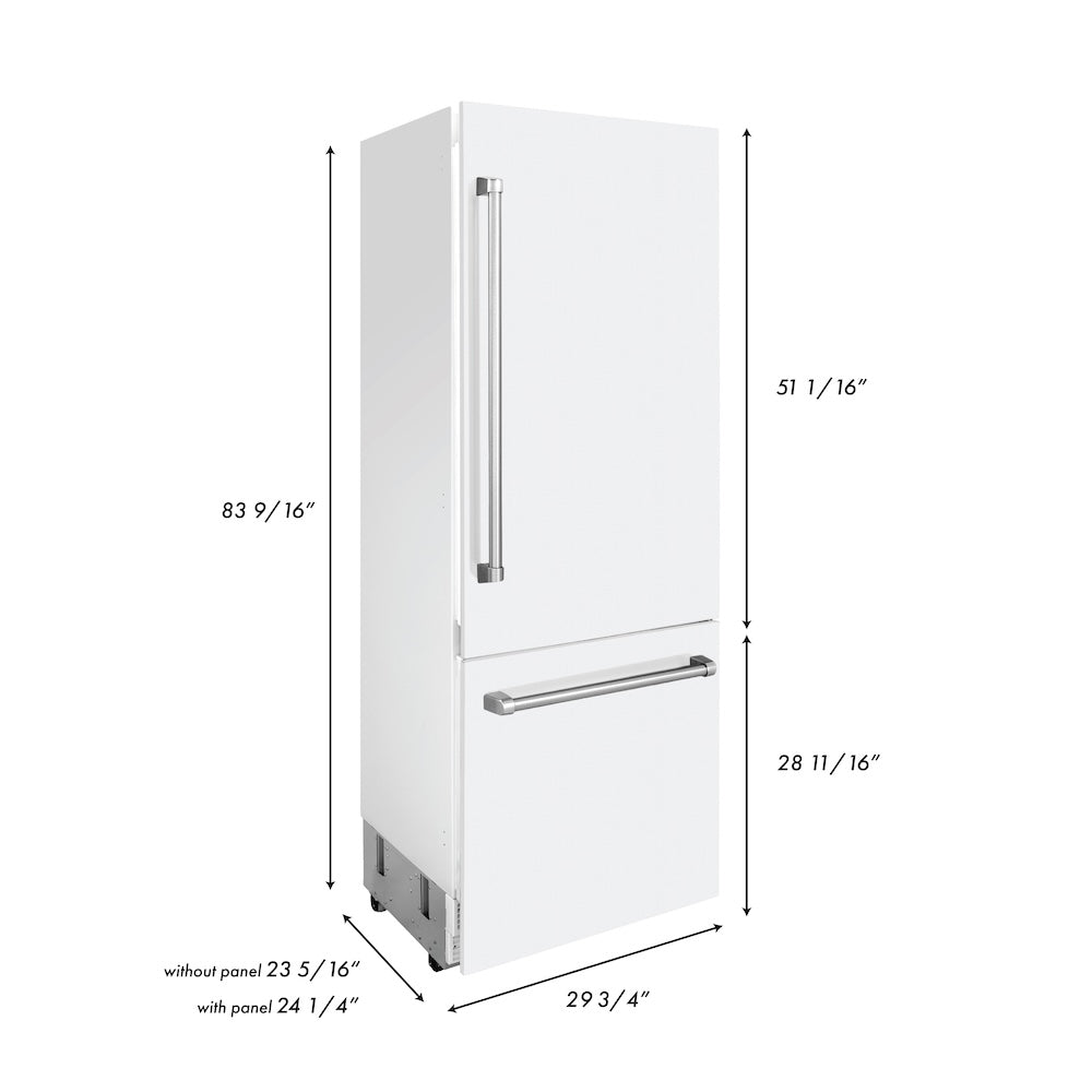 ZLINE 30 in. 16.1 cu. ft. Built-In Bottom Freezer Refrigerator with Water Dispenser and Ice Maker in White Matte (RBIV-WM-30) dimensional diagram.