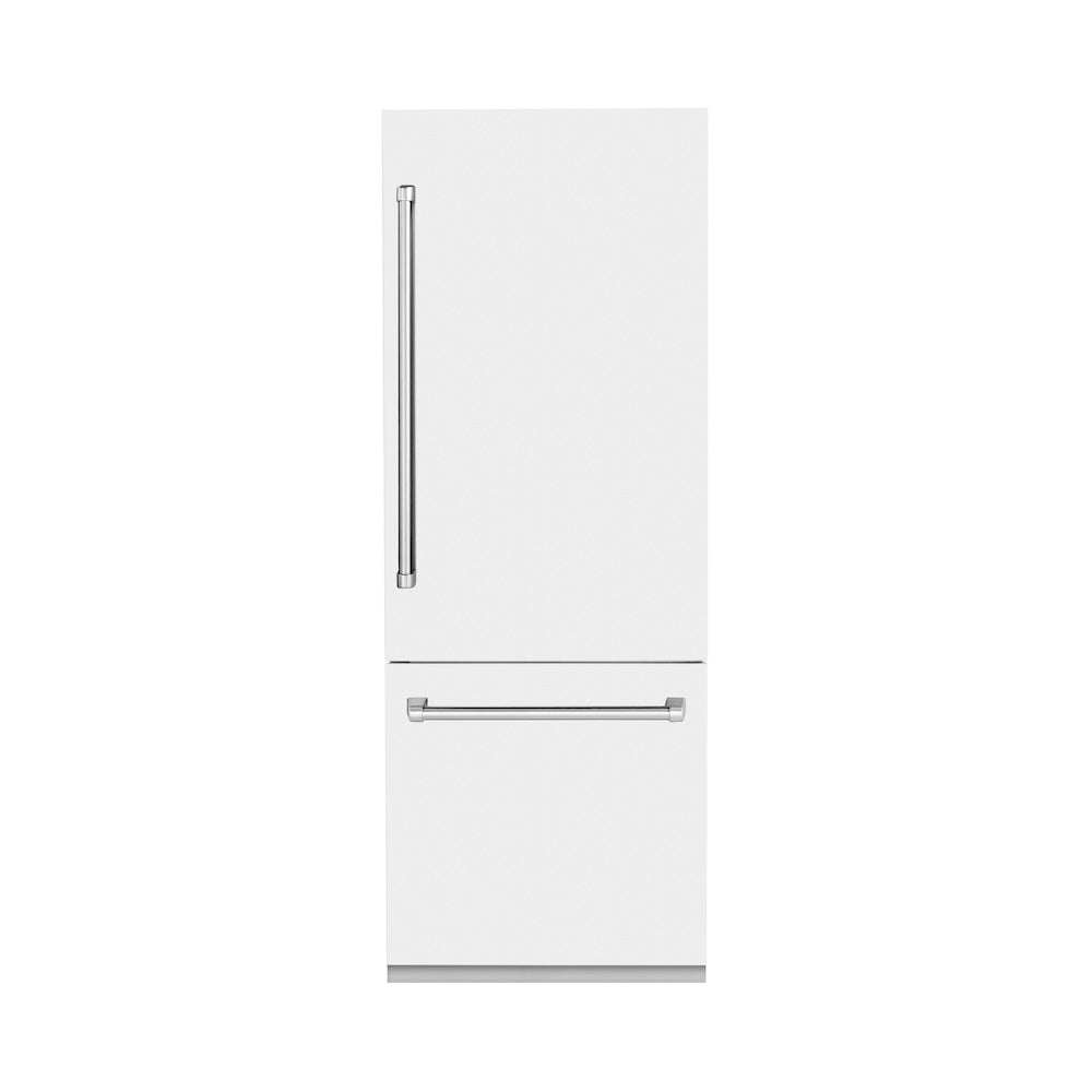 ZLINE 30 in. 16.1 cu. ft. Built-In 2-Door Bottom Freezer Refrigerator with Internal Water and Ice Dispenser in White Matte (RBIV-WM-30) front, closed.