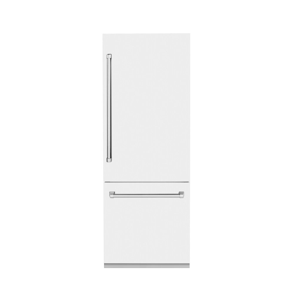 ZLINE 30 in. 16.1 cu. ft. Built-In 2-Door Bottom Freezer Refrigerator with Internal Water and Ice Dispenser in White Matte (RBIV-WM-30) front, closed.