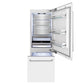 ZLINE 30 in. 16.1 cu. ft. Built-In Bottom Freezer Refrigerator with Water Dispenser and Ice Maker in White Matte (RBIV-WM-30) front, refrigeration compartment and bottom freezer open with lights on.
