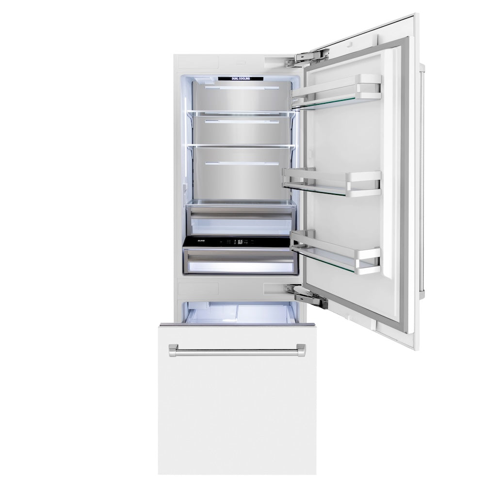 ZLINE 30 in. 16.1 cu. ft. Built-In Bottom Freezer Refrigerator with Water Dispenser and Ice Maker in White Matte (RBIV-WM-30) front, refrigeration compartment and bottom freezer open with lights on.