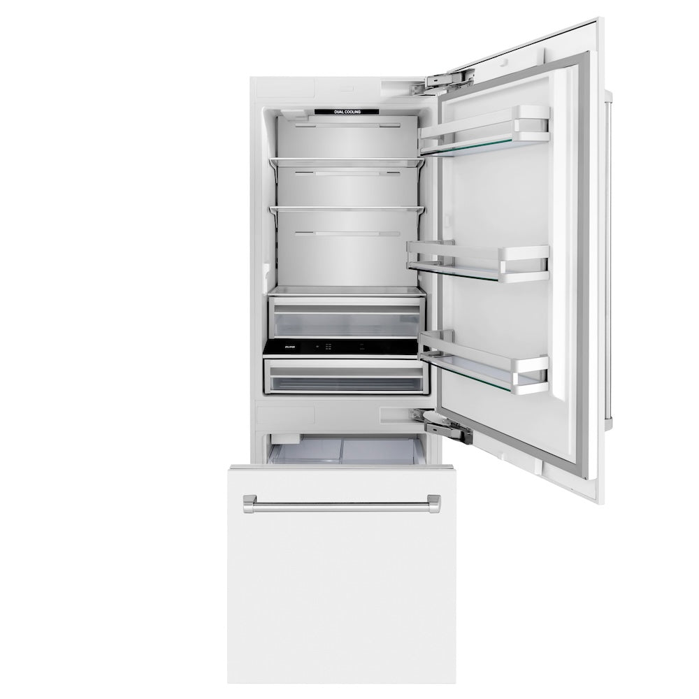 ZLINE 30 in. 16.1 cu. ft. Built-In Bottom Freezer Refrigerator with Water Dispenser and Ice Maker in White Matte (RBIV-WM-30) front, open, empty.