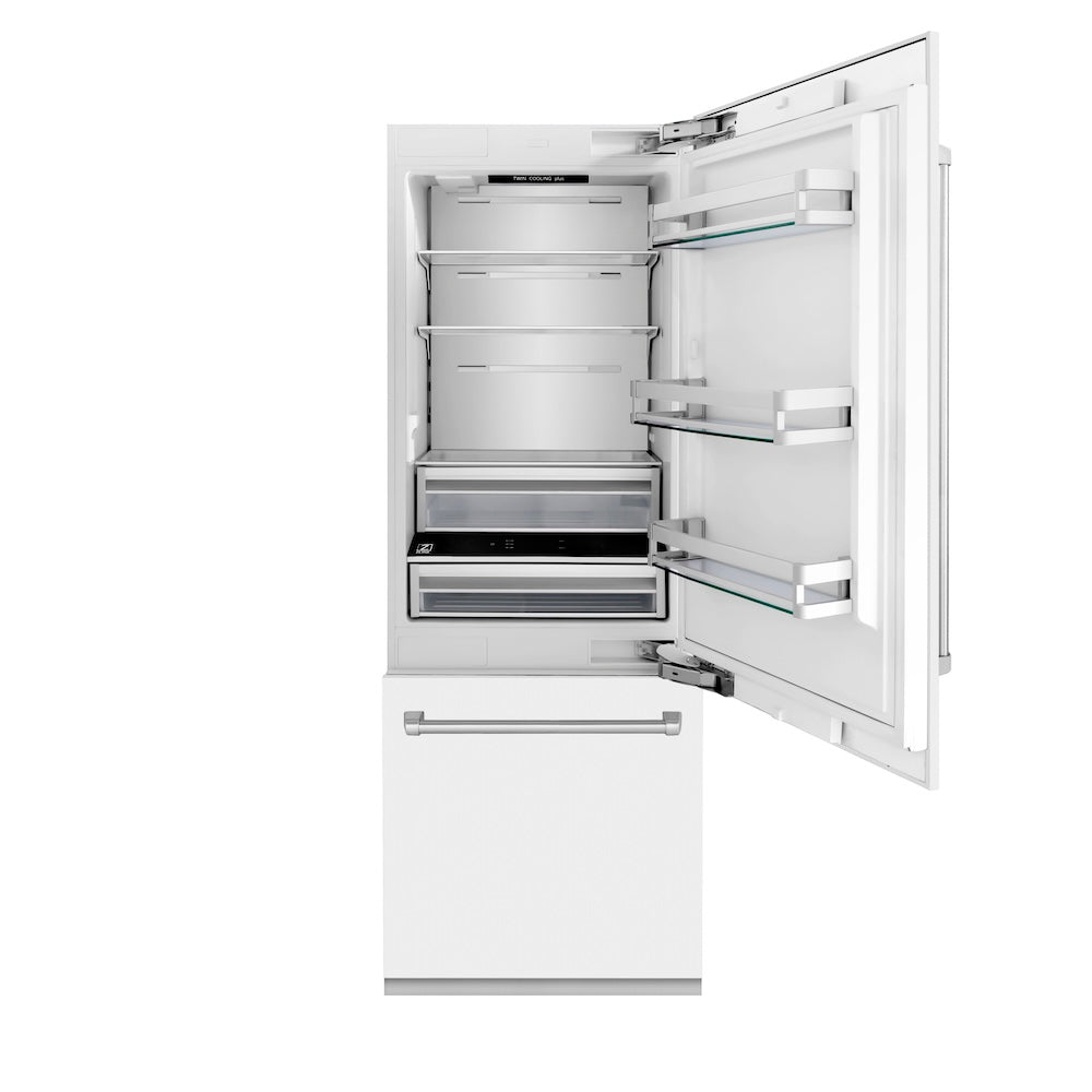 ZLINE 30 in. 16.1 cu. ft. Built-In 2-Door Bottom Freezer Refrigerator with Internal Water and Ice Dispenser in White Matte (RBIV-WM-30) front, open.