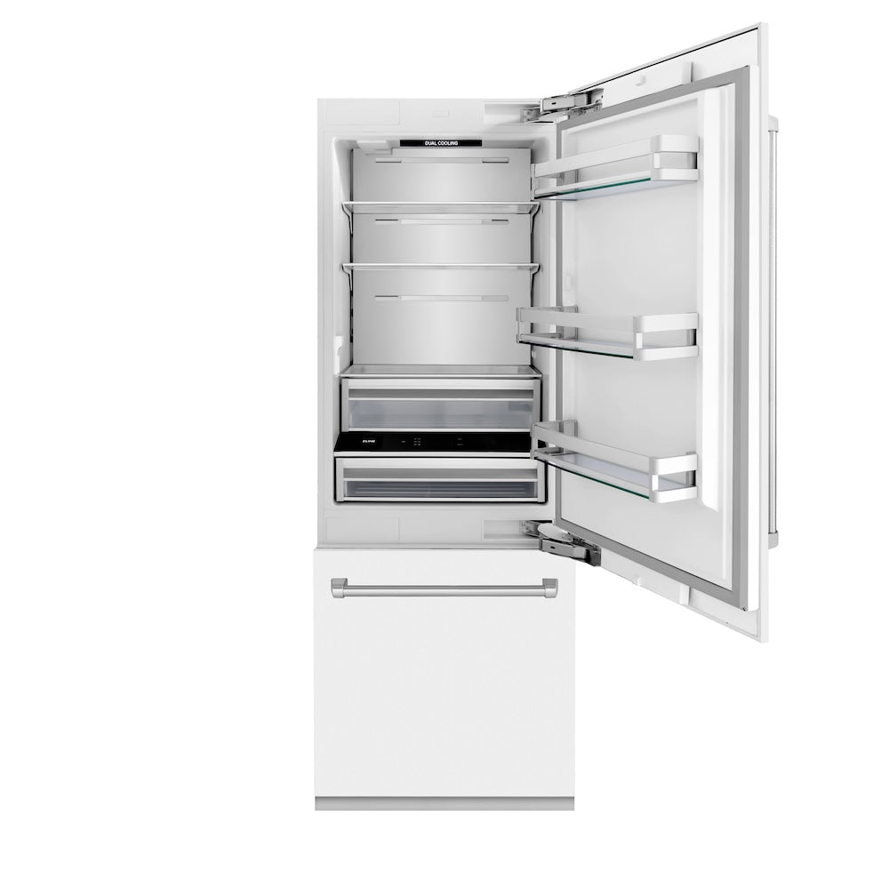 ZLINE 30 in. 16.1 cu. ft. Built-In Bottom Freezer Refrigerator with Water Dispenser and Ice Maker in White Matte (RBIV-WM-30) front, open, empty.