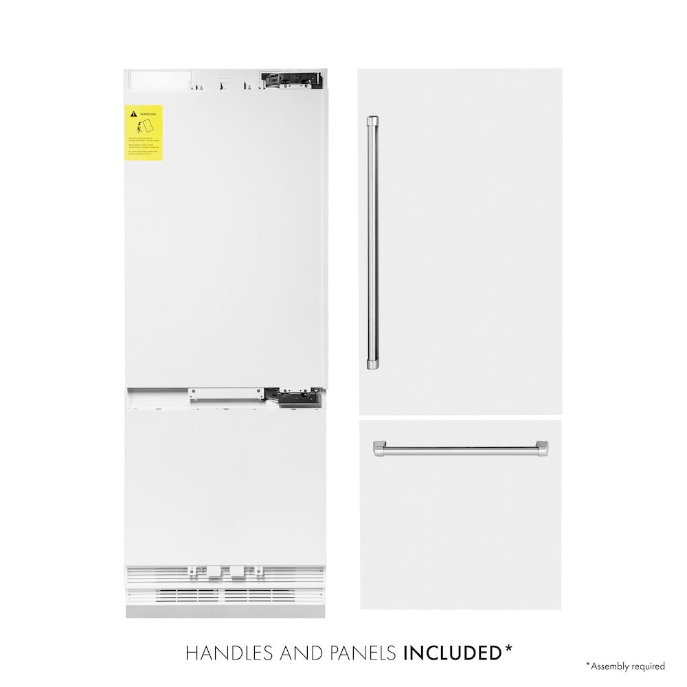 ZLINE 30 in. 16.1 cu. ft. Built-In 2-Door Bottom Freezer Refrigerator with Internal Water and Ice Dispenser in White Matte (RBIV-WM-30) front, refrigeration unit next to panels. Text: Handles and Panels Included.