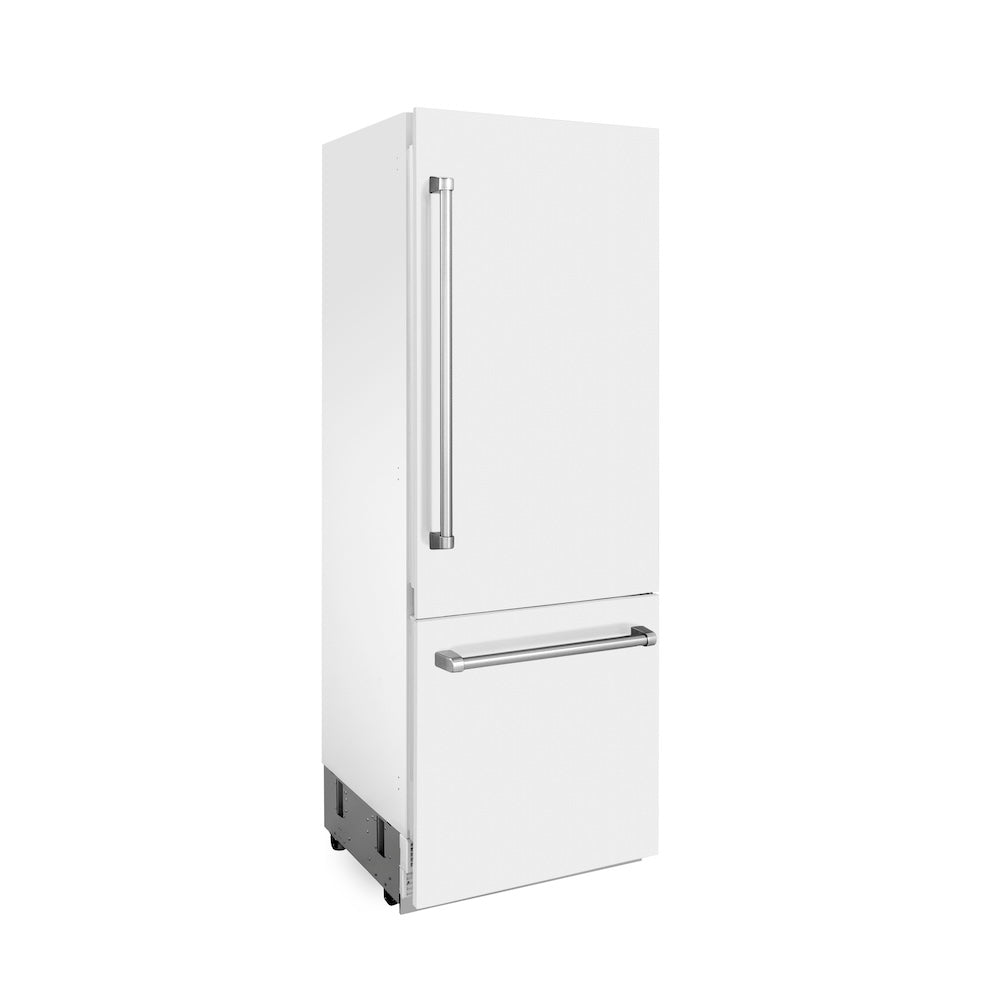 ZLINE 30 in. 16.1 cu. ft. Built-In 2-Door Bottom Freezer Refrigerator with Internal Water and Ice Dispenser in White Matte (RBIV-WM-30) side, closed.