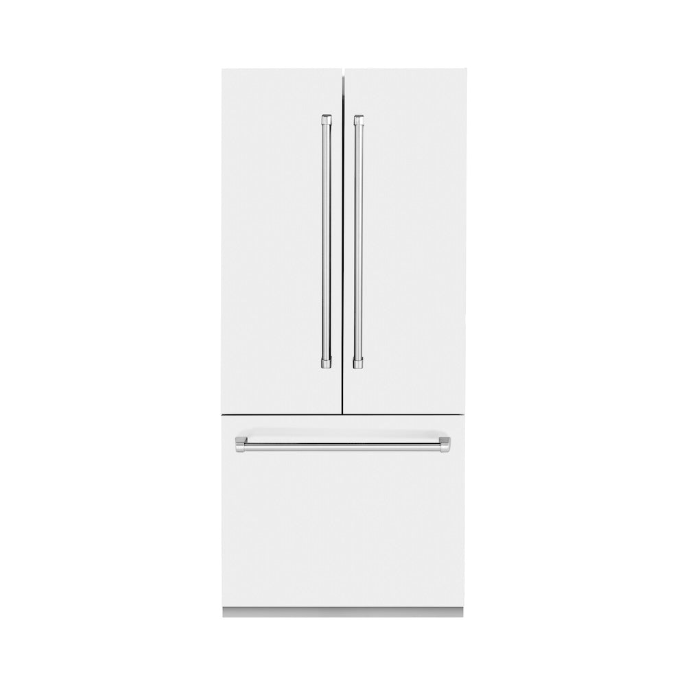ZLINE 36 in. 19.6 cu. ft. French Door Built-In Bottom Freezer Refrigerator with Water Dispenser and Ice Maker in White Matte (RBIV-WM-36) front, closed.