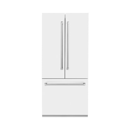 ZLINE 36 in. 19.6 cu. ft. French Door Built-In Bottom Freezer Refrigerator with Water Dispenser and Ice Maker in White Matte (RBIV-WM-36) front, closed.