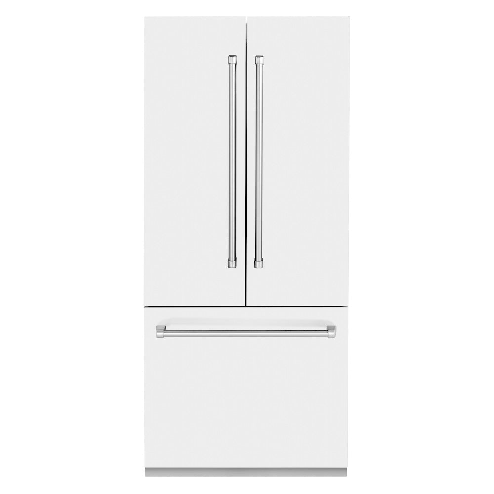ZLINE 36 in. 19.6 cu. ft. French Door Built-In Bottom Freezer Refrigerator with Water Dispenser and Ice Maker in White Matte (RBIV-WM-36) front, closed.