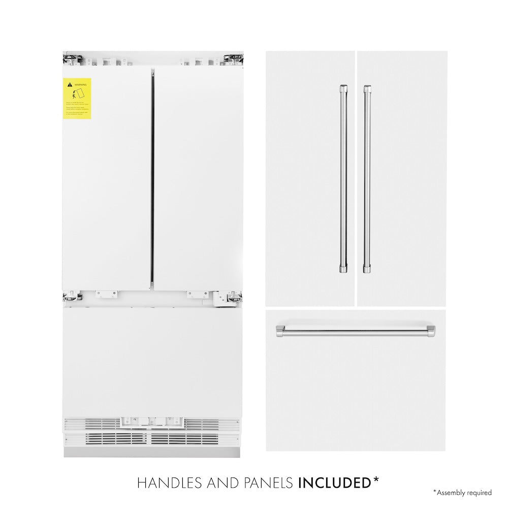 ZLINE 36 in. 19.6 cu. ft. French Door Built-In Bottom Freezer Refrigerator with Water Dispenser and Ice Maker in White Matte (RBIV-WM-36) front, refrigeration unit next to panels and handles. Text: Handles and panels included.