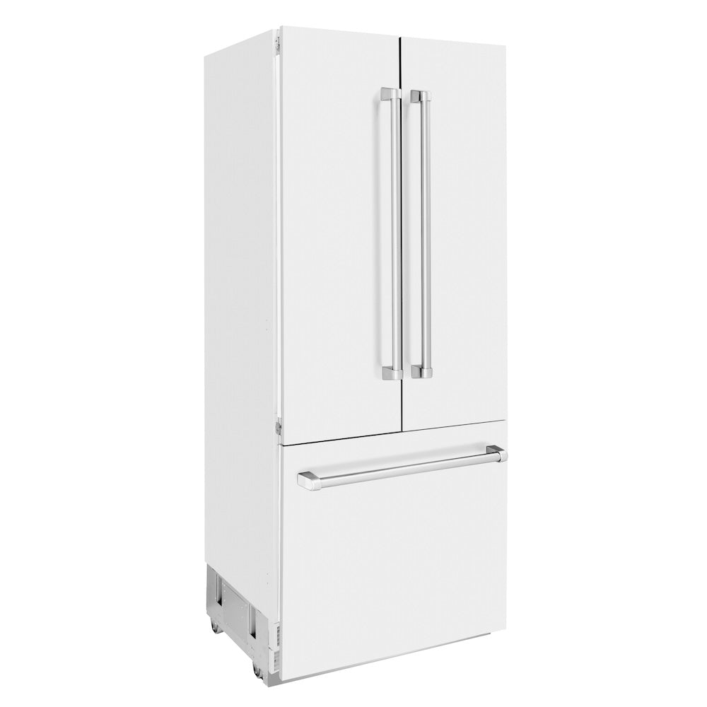 ZLINE 36 in. 19.6 cu. ft. French Door Built-In Bottom Freezer Refrigerator with Water Dispenser and Ice Maker in White Matte (RBIV-WM-36) side, closed.