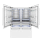 ZLINE 60 in. 32.2 cu. ft. French Door Built-In Bottom Freezer Refrigerator with Water Dispensers and Ice Makers in White Matte (RBIV-WM-60) front, refrigeration compartment and bottom freezer open with lights on.