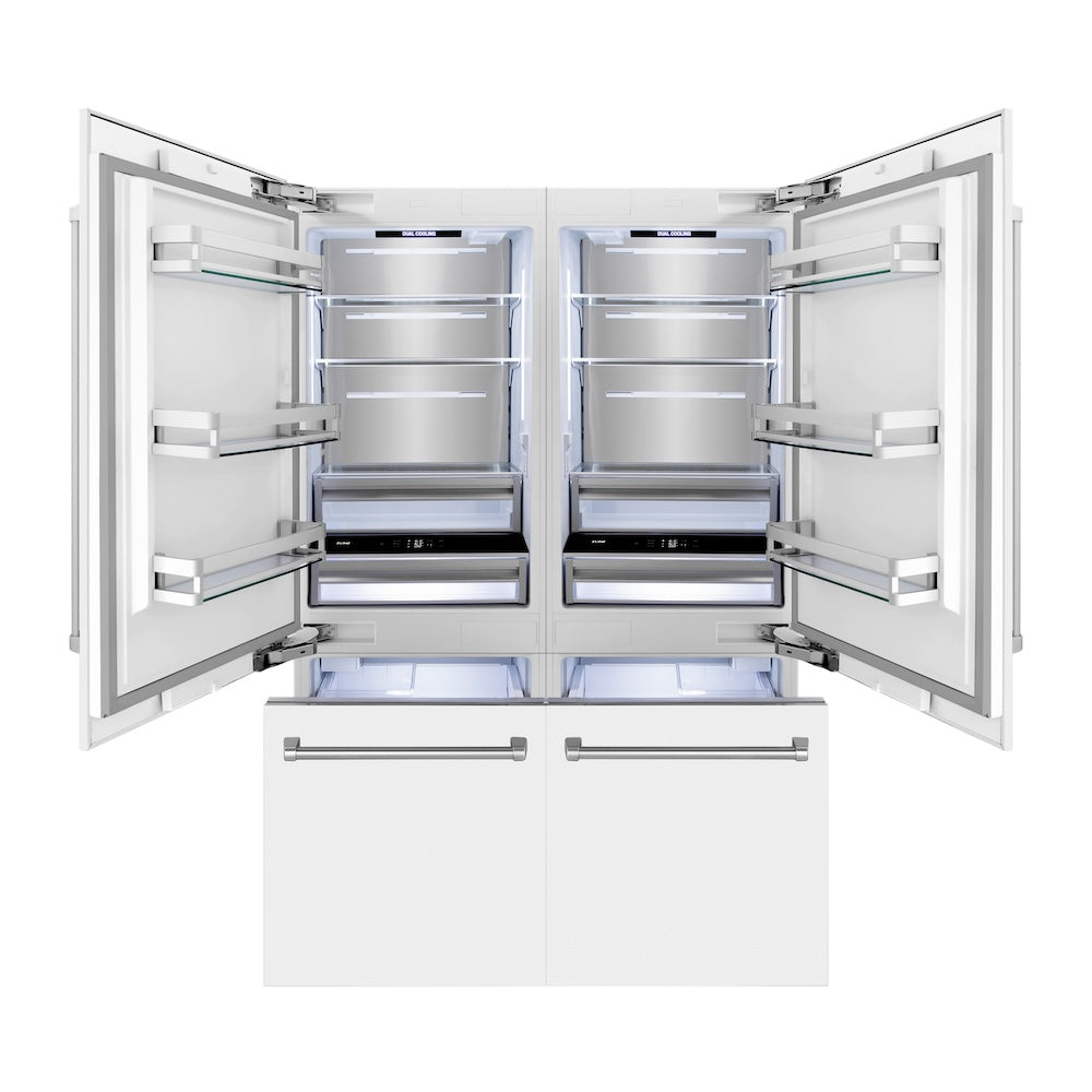 ZLINE 60 in. 32.2 cu. ft. French Door Built-In Bottom Freezer Refrigerator with Water Dispensers and Ice Makers in White Matte (RBIV-WM-60) front, refrigeration compartment and bottom freezer open with lights on.
