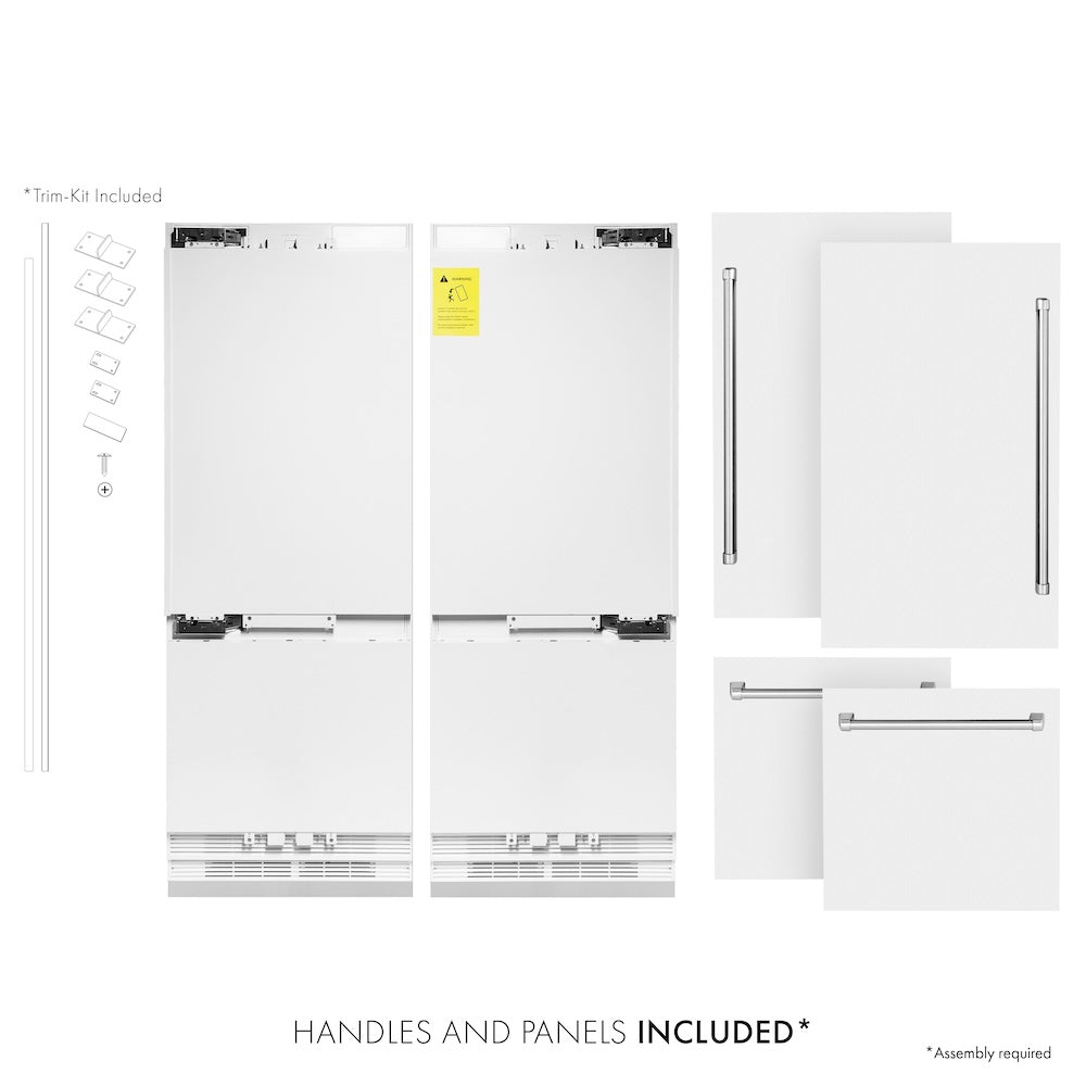 ZLINE 60 in. 32.2 cu. ft. French Door Built-In Bottom Freezer Refrigerator with Water Dispensers and Ice Makers in White Matte (RBIV-WM-60) front, refrigeration unit next to panels and handles. Text: Handles and panels included.