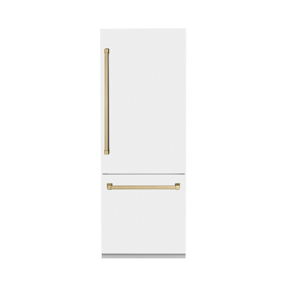 ZLINE Autograph Edition 30 in. 16.1 cu. ft. Built-In Bottom Freezer Refrigerator with Water Dispenser and Ice Maker in White Matte with Champagne Bronze Accents (RBIVZ-WM-30-CB) front, closed.