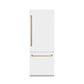ZLINE Autograph Edition 30 in. 16.1 cu. ft. Built-In Bottom Freezer Refrigerator with Water Dispenser and Ice Maker in White Matte with Champagne Bronze Accents (RBIVZ-WM-30-CB) front, closed.