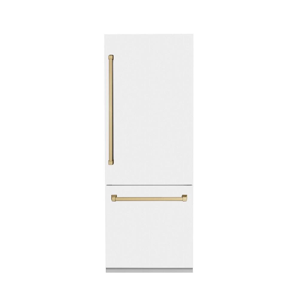 ZLINE Autograph Edition 30 in. 16.1 cu. ft. Built-In Bottom Freezer Refrigerator with Water Dispenser and Ice Maker in White Matte with Champagne Bronze Accents (RBIVZ-WM-30-CB) front, closed.
