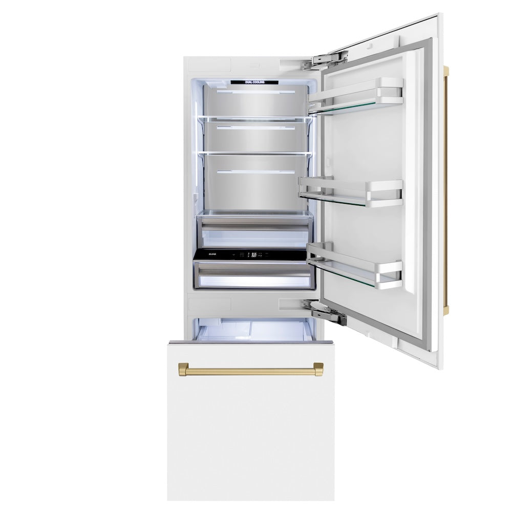 ZLINE Autograph Edition 30 in. 16.1 cu. ft. Built-In Bottom Freezer Refrigerator with Water Dispenser and Ice Maker in White Matte with Champagne Bronze Accents (RBIVZ-WM-30-CB) front, refrigeration compartment and bottom freezer open with lights on.