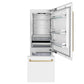 ZLINE Autograph Edition 30 in. 16.1 cu. ft. Built-In Bottom Freezer Refrigerator with Water Dispenser and Ice Maker in White Matte with Champagne Bronze Accents (RBIVZ-WM-30-CB) front, open, empty.