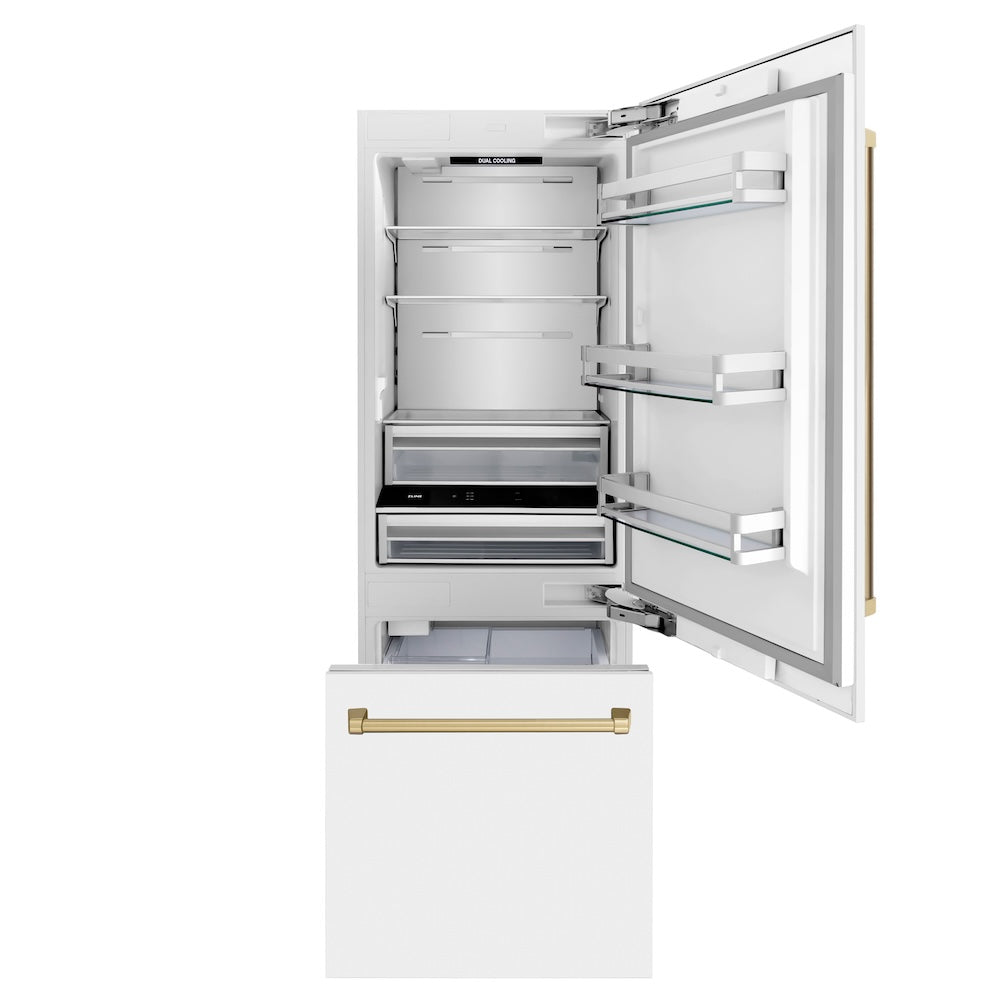 ZLINE Autograph Edition 30 in. 16.1 cu. ft. Built-In Bottom Freezer Refrigerator with Water Dispenser and Ice Maker in White Matte with Champagne Bronze Accents (RBIVZ-WM-30-CB) front, open, empty.