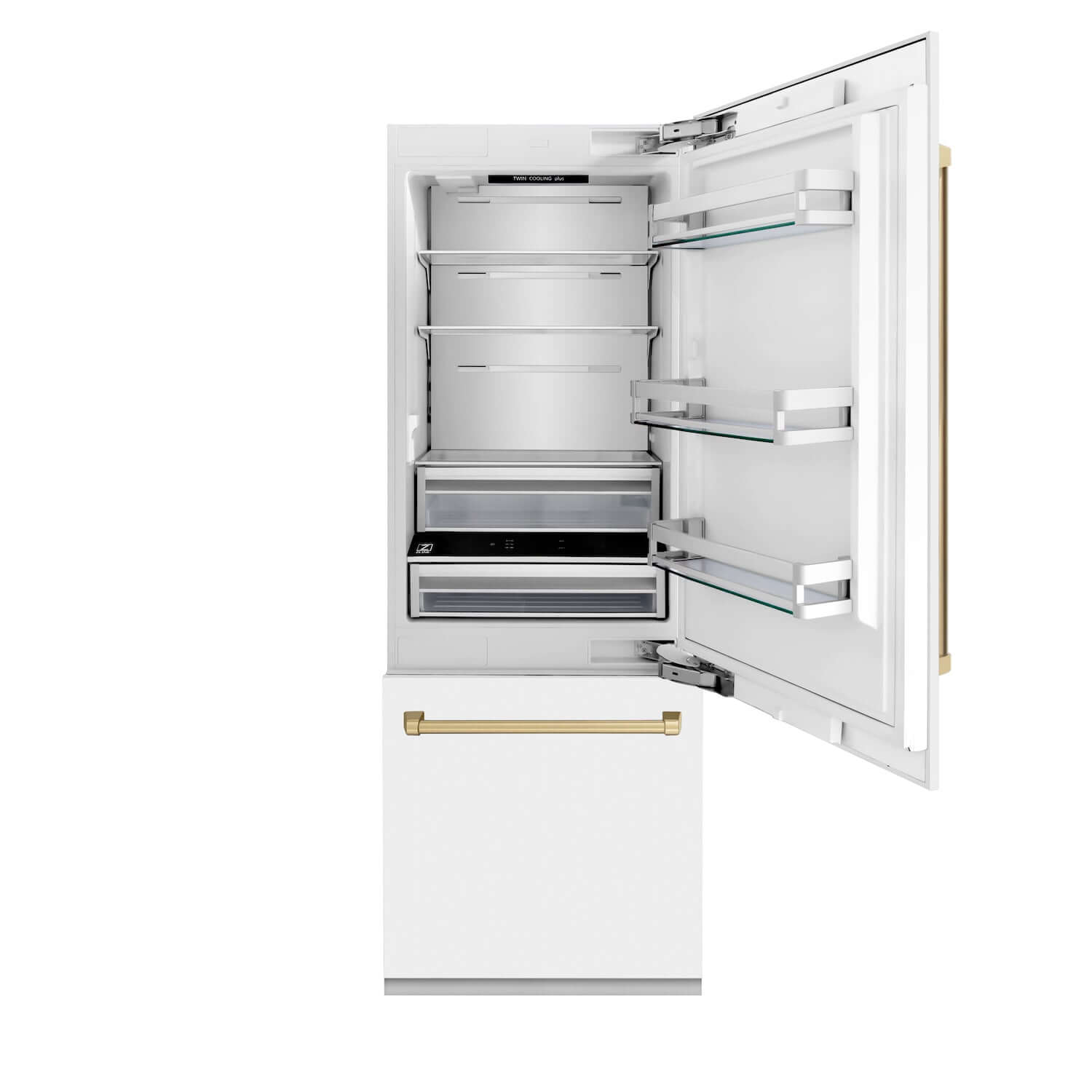 ZLINE Autograph Edition 30 in. 16.1 cu. ft. Built-in 2-Door Bottom Freezer Refrigerator with Internal Water and Ice Dispenser in White Matte with Champagne Bronze Accents (RBIVZ-WM-30-CB) front, open.