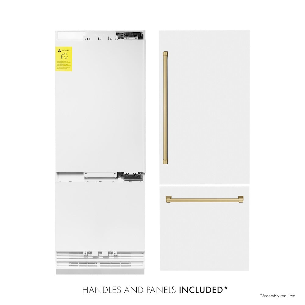 ZLINE Autograph Edition 30 in. 16.1 cu. ft. Built-in 2-Door Bottom Freezer Refrigerator with Internal Water and Ice Dispenser in White Matte with Champagne Bronze Accents (RBIVZ-WM-30-CB) front, refrigeration unit next to panels. Text: Handles and Panels Included.