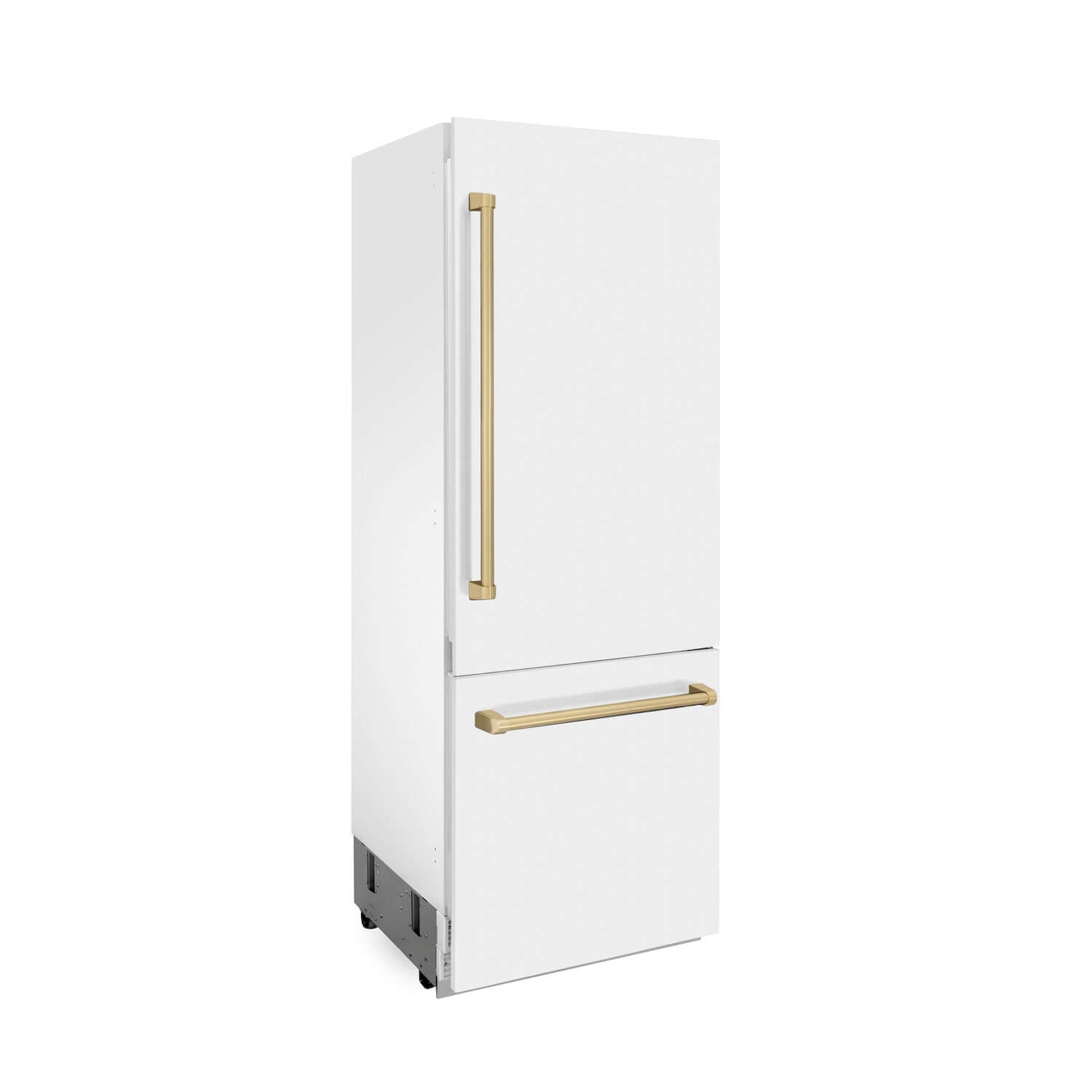 ZLINE Autograph Edition 30 in. 16.1 cu. ft. Built-in 2-Door Bottom Freezer Refrigerator with Internal Water and Ice Dispenser in White Matte with Champagne Bronze Accents (RBIVZ-WM-30-CB) side.