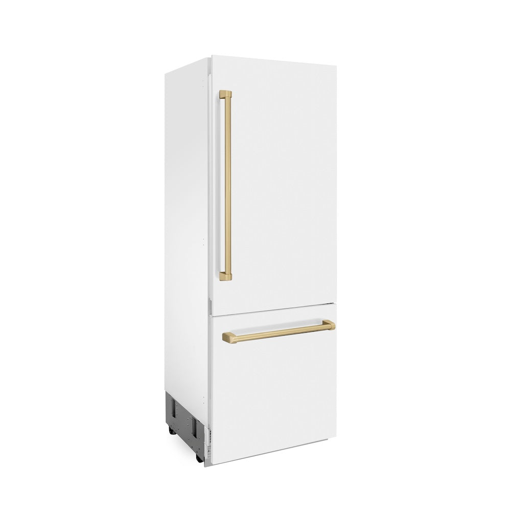 ZLINE Autograph Edition 30 in. 16.1 cu. ft. Built-in 2-Door Bottom Freezer Refrigerator with Internal Water and Ice Dispenser in White Matte with Champagne Bronze Accents (RBIVZ-WM-30-CB) side, closed.