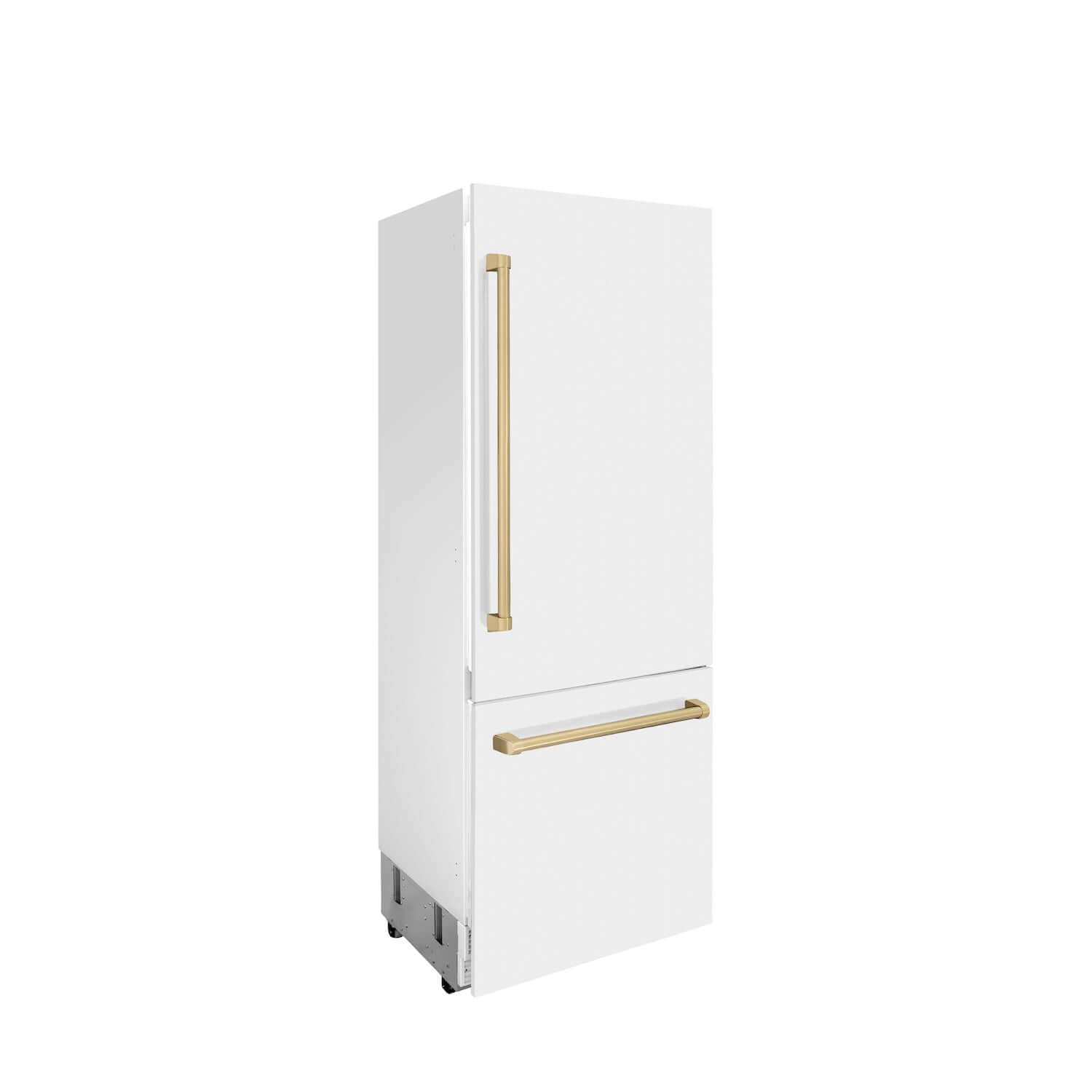 ZLINE Autograph Edition 30 in. 16.1 cu. ft. Built-in 2-Door Bottom Freezer Refrigerator with Internal Water and Ice Dispenser in White Matte with Champagne Bronze Accents (RBIVZ-WM-30-CB) side, closed.