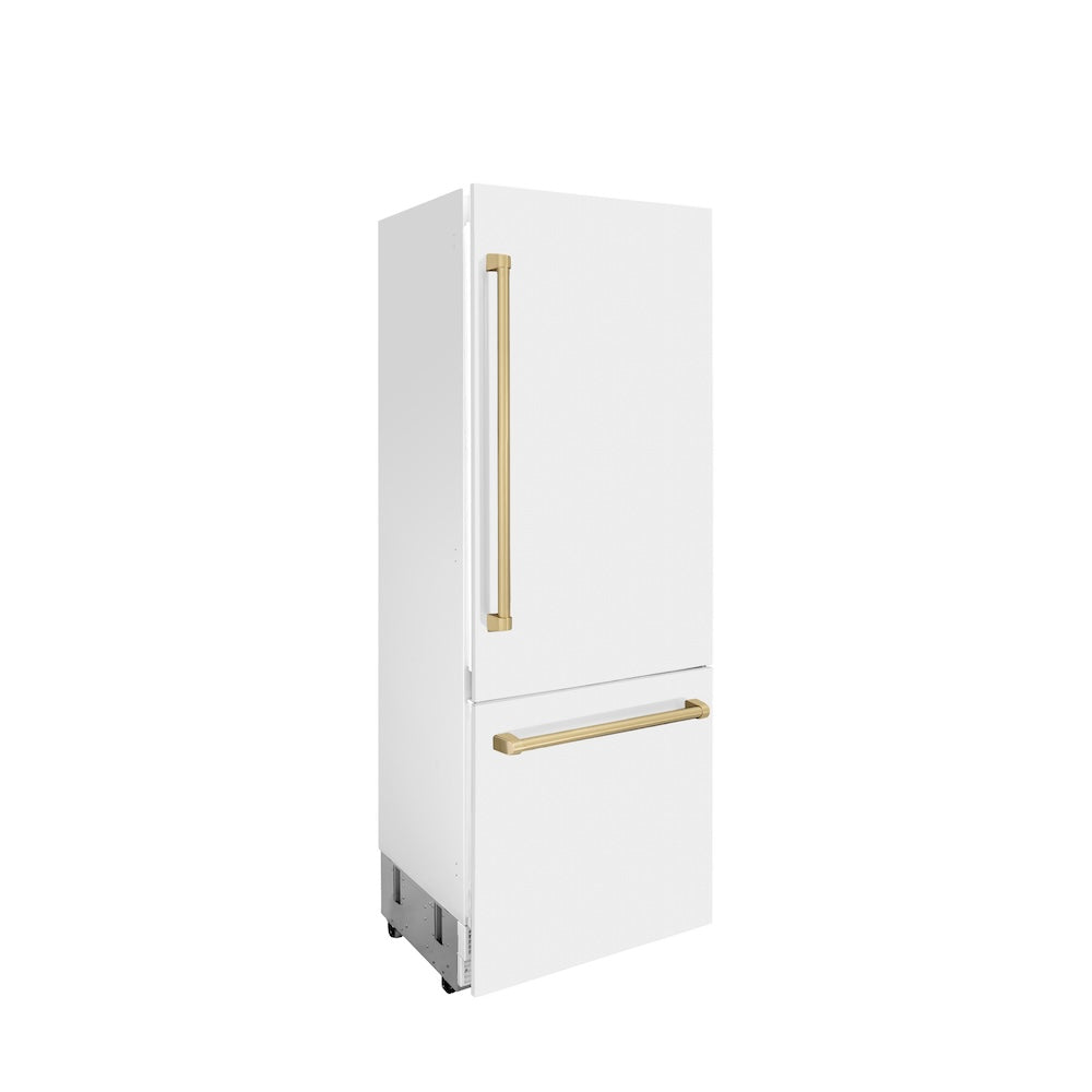ZLINE Autograph Edition 30 in. 16.1 cu. ft. Built-In Bottom Freezer Refrigerator with Water Dispenser and Ice Maker in White Matte with Champagne Bronze Accents (RBIVZ-WM-30-CB) side, closed.