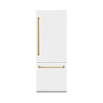 ZLINE Autograph Edition 30 in. 16.1 cu. ft. Built-In Bottom Freezer Refrigerator with Water Dispenser and Ice Maker in White Matte with Polished Gold Accents (RBIVZ-WM-30-G) front, closed.