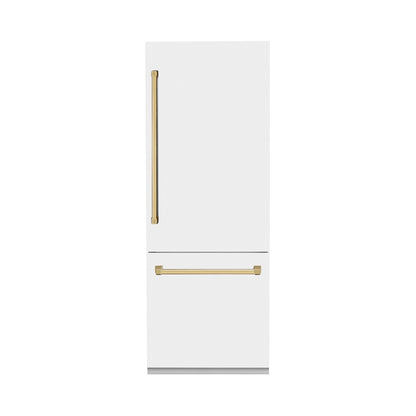 ZLINE Autograph Edition 30 in. 16.1 cu. ft. Built-In Bottom Freezer Refrigerator with Water Dispenser and Ice Maker in White Matte with Polished Gold Accents (RBIVZ-WM-30-G) front, closed.