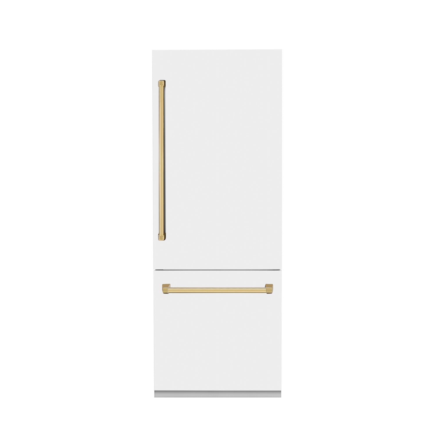 ZLINE Autograph Edition 30 in. 16.1 cu. ft. Built-in 2-Door Bottom Freezer Refrigerator with Internal Water and Ice Dispenser in White Matte with Polished Gold Accents (RBIVZ-WM-30-G) front, closed.
