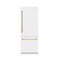 ZLINE Autograph Edition 30 in. 16.1 cu. ft. Built-In Bottom Freezer Refrigerator with Water Dispenser and Ice Maker in White Matte with Polished Gold Accents (RBIVZ-WM-30-G) front, closed.