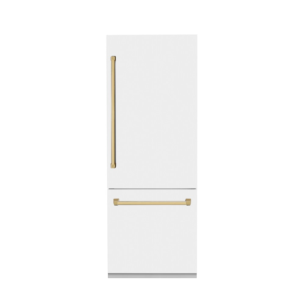 ZLINE Autograph Edition 30 in. 16.1 cu. ft. Built-In Bottom Freezer Refrigerator with Water Dispenser and Ice Maker in White Matte with Polished Gold Accents (RBIVZ-WM-30-G) front, closed.