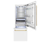 ZLINE Autograph Edition 30 in. 16.1 cu. ft. Built-In Bottom Freezer Refrigerator with Water Dispenser and Ice Maker in White Matte with Polished Gold Accents (RBIVZ-WM-30-G) front, refrigeration compartment and bottom freezer open with lights on.