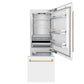 ZLINE Autograph Edition 30 in. 16.1 cu. ft. Built-In Bottom Freezer Refrigerator with Water Dispenser and Ice Maker in White Matte with Polished Gold Accents (RBIVZ-WM-30-G) front, open, empty.